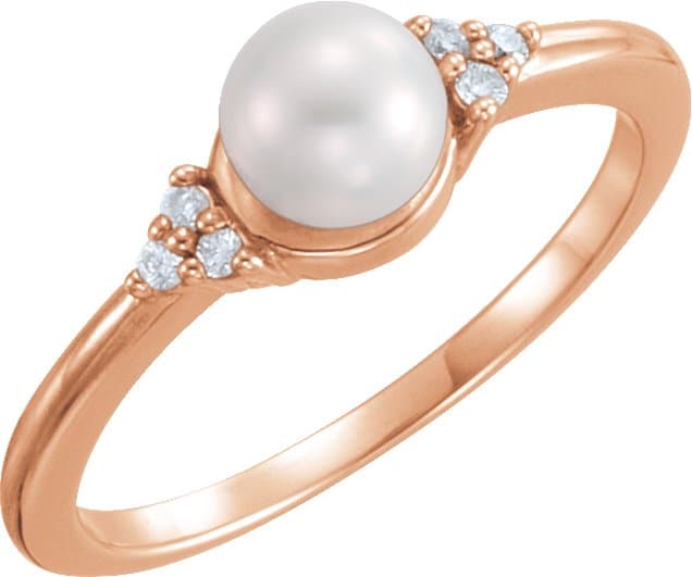14K Rose 5.5-6 mm Cultured Freshwater White Pearl & .06 CTW Natural Diamond Ring