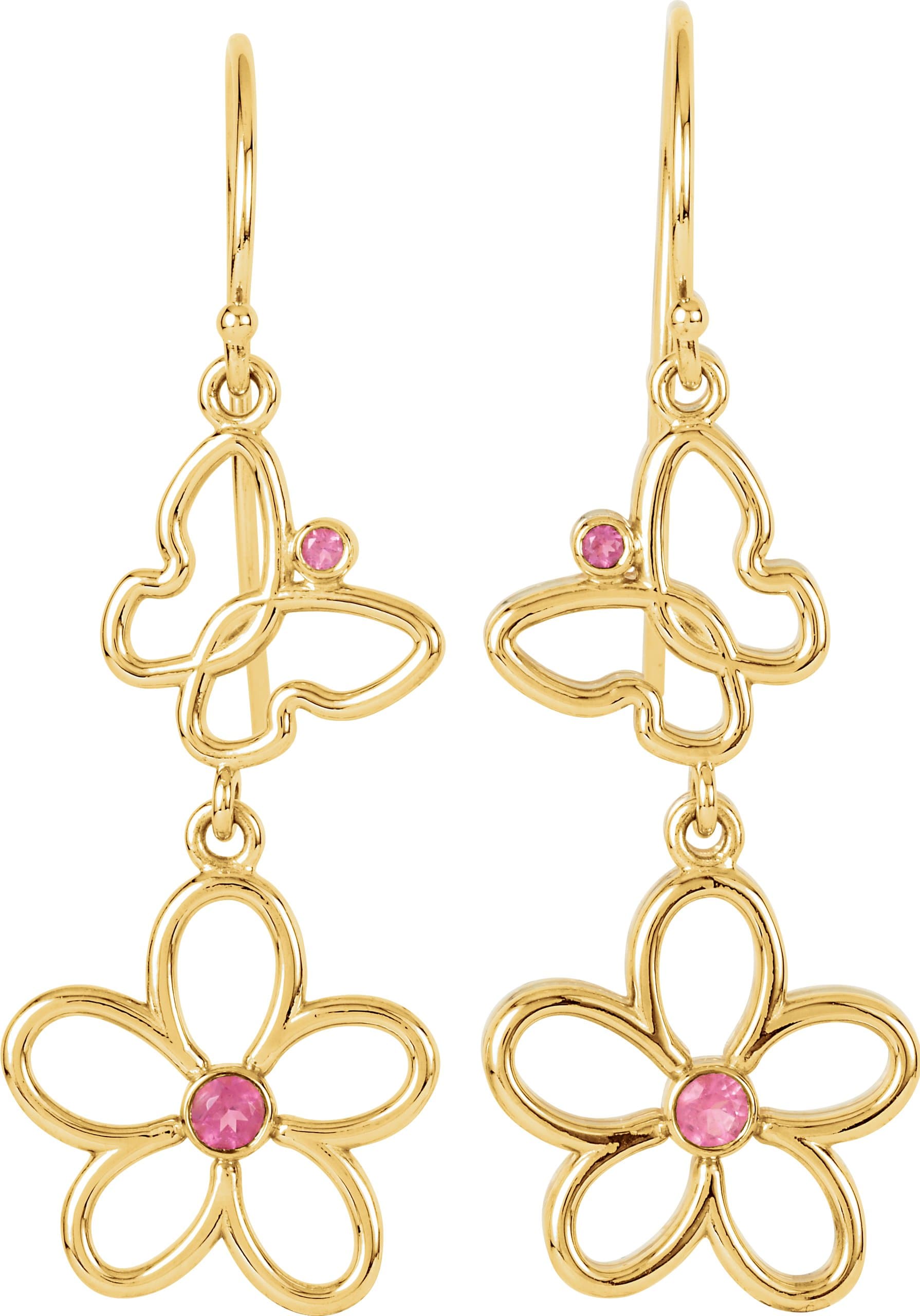 14K Yellow Natural Pink Tourmaline Butterfly & Floral Earrings