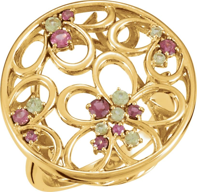 14K Yellow Natural Pink Tourmaline & Natural Peridot Floral Ring