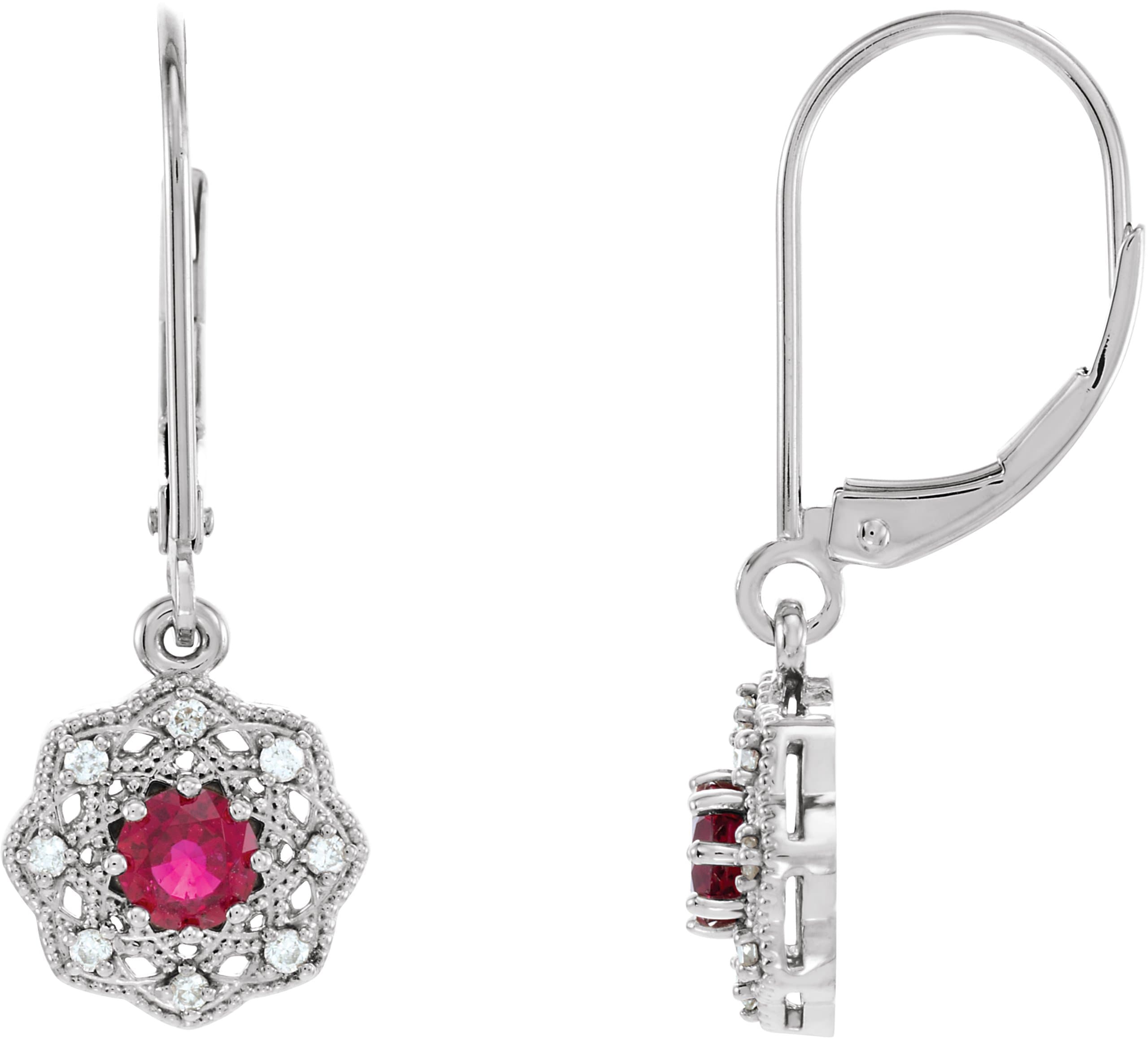 14K White Natural Ruby & 1/10 CTW Natural Diamond Halo-Style Earrings