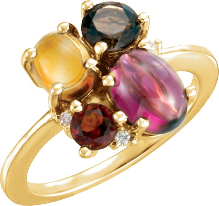 14K Yellow Natural Rhodolite Garnet, Natural Citrine, Natural Smoky Quartz & .03 CTW Natural Diamond Ring