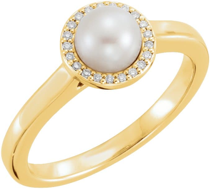 14K Rose Cultured White Freshwater Pearl & .05 CTW Natural Diamond Halo-Style Ring