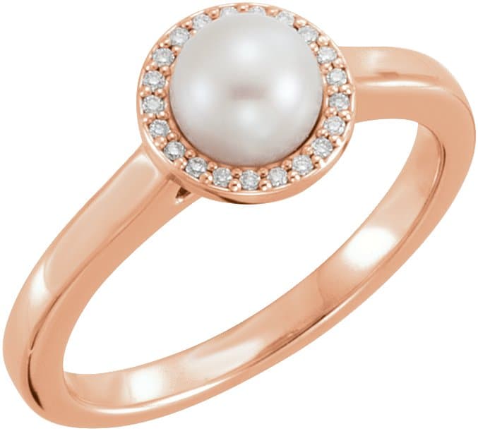 14K Rose Cultured White Freshwater Pearl & .05 CTW Natural Diamond Halo-Style Ring