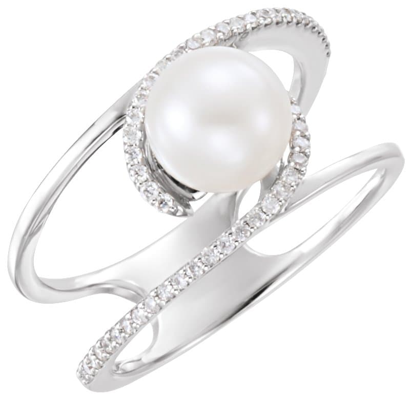 14K White Cultured White Freshwater Pearl & 1/8 CTW Natural Diamond Ring