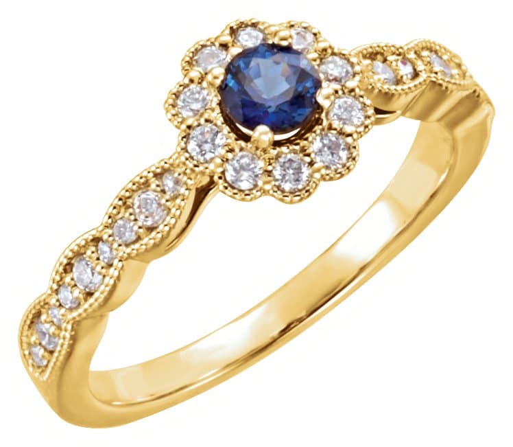 14K White Round Natural Blue Sapphire 1/4 CTW Natural Diamond Halo-Style Ring