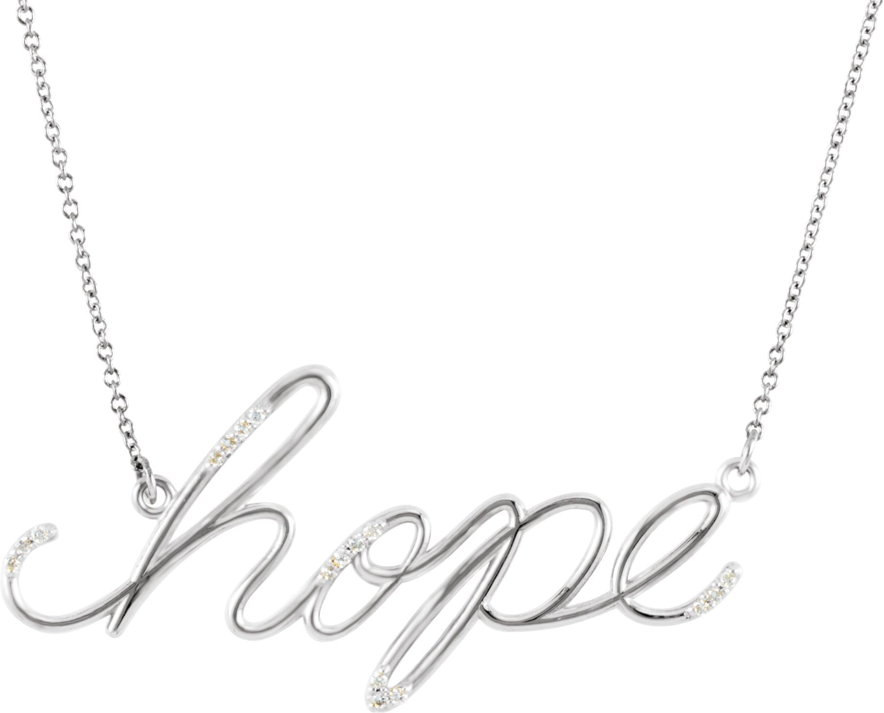 14K White .08 CTW Natural Diamond Hope Phrase 16 1/2” Necklace