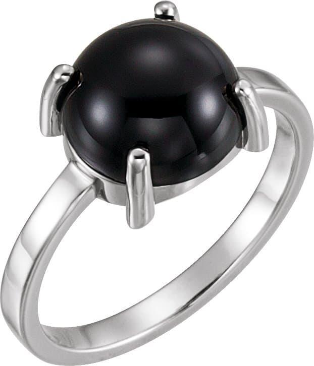 14K White 10 mm Round Natural Black Onyx Cabochon Ring