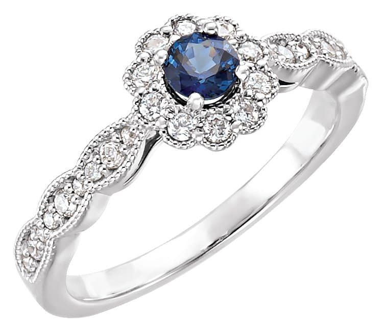 14K White Round Natural Blue Sapphire 1/4 CTW Natural Diamond Halo-Style Ring