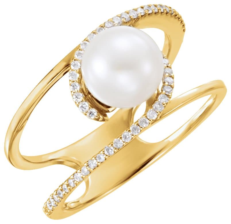 14K White Cultured White Freshwater Pearl & 1/8 CTW Natural Diamond Ring