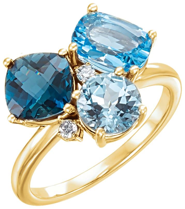 14K Rose Natural Swiss Blue, Natural London Blue, & Natural Sky Blue Topaz & .05 CTW Natural Diamond Ring