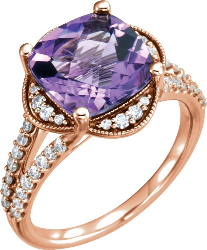 14K Rose Natural Checkerboard Amethyst & 3/8 CTW Natural Diamond Ring