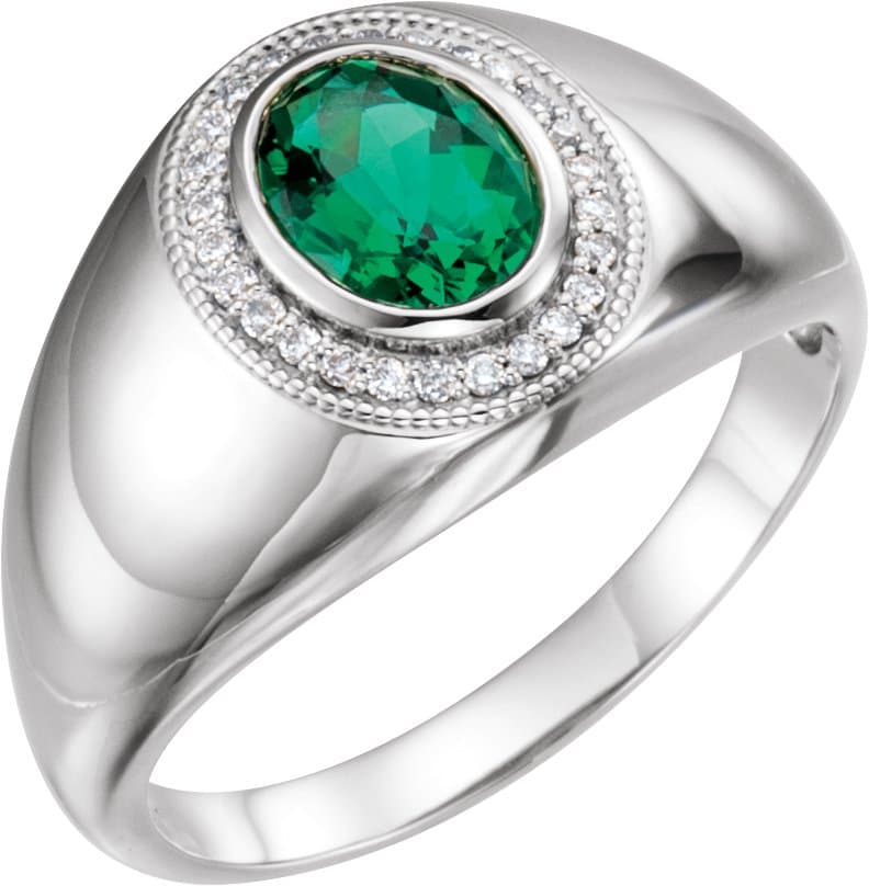 14K White Lab-Grown Emerald & 1/8 CTW Natural Diamond Halo-Style Ring