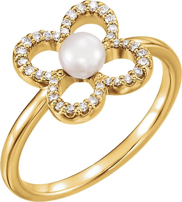 14K Rose Cultured White Freshwater Pearl & 1/6 CTW Natural Diamond Ring