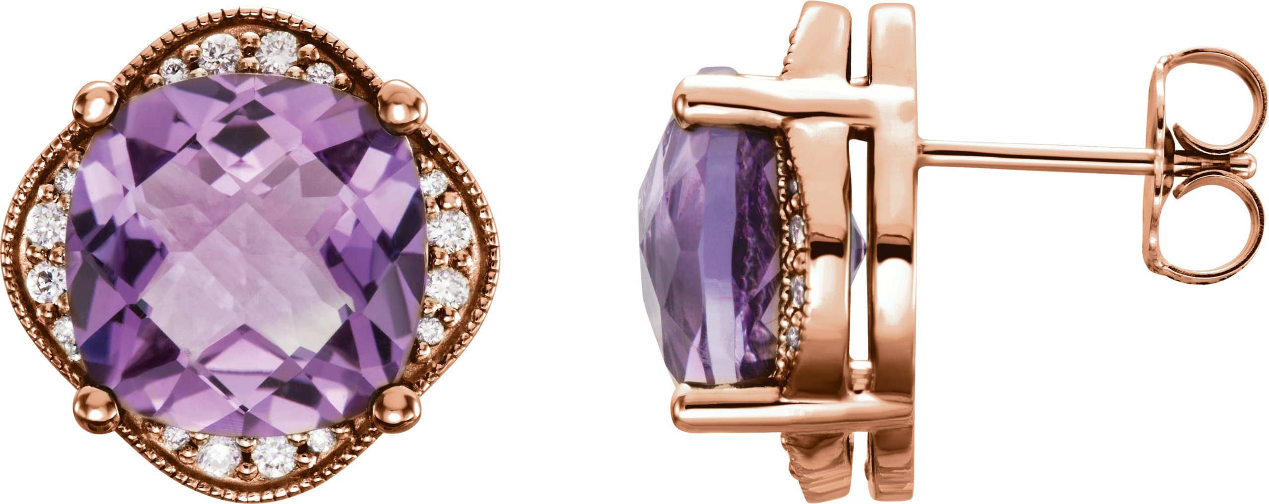 14K Rose Checkerboard Natural Amethyst & 1/5 CTW Natural Diamond Earrings
