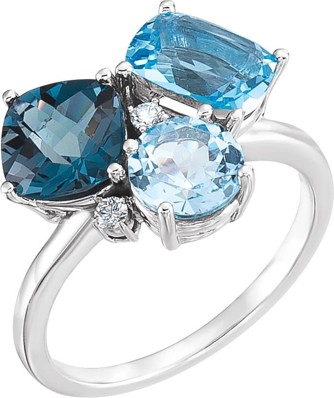 14K Rose Natural Swiss Blue, Natural London Blue, & Natural Sky Blue Topaz & .05 CTW Natural Diamond Ring