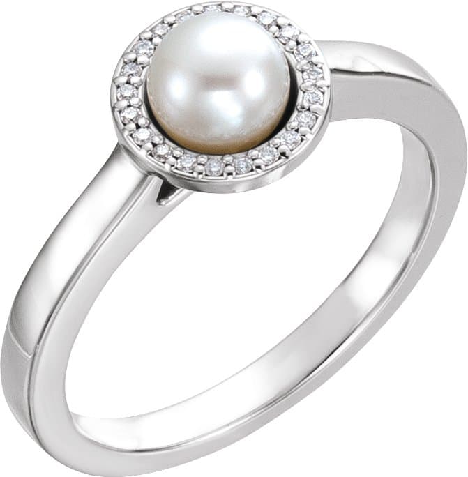 14K Rose Cultured White Freshwater Pearl & .05 CTW Natural Diamond Halo-Style Ring