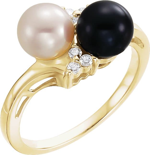 14K White Cultured Black & White Akoya Pearl & 1/10 CTW Natural Diamond Ring
