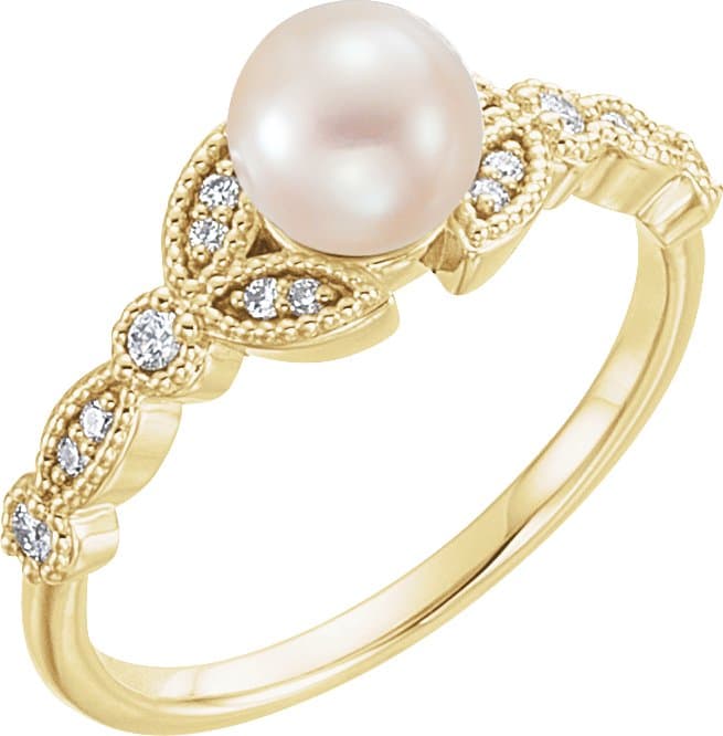 14K Rose Cultured White Freshwater Pearl & 1/10 CTW Natural Diamond Leaf Ring