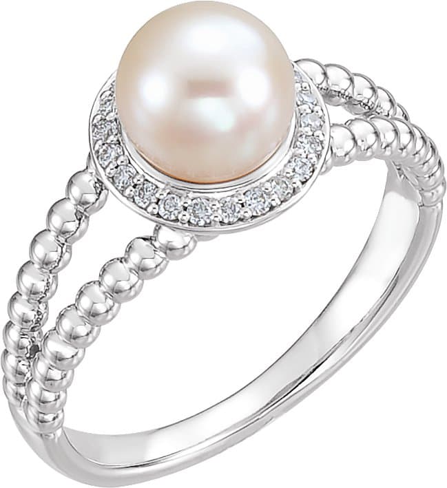 14K Rose Cultured White Freshwater Pearl & .08 CTW Natural Diamond Halo-Style Beaded Ring