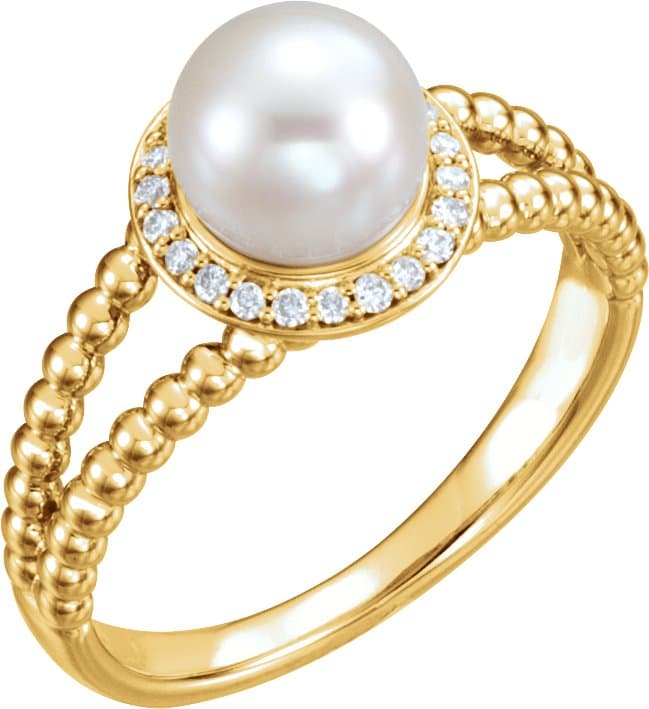 14K Rose Cultured White Freshwater Pearl & .08 CTW Natural Diamond Halo-Style Beaded Ring