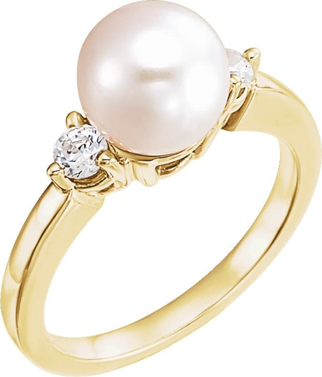 14K Yellow Cultured White Akoya Pearl & 1/4 CTW Natural Diamond Ring