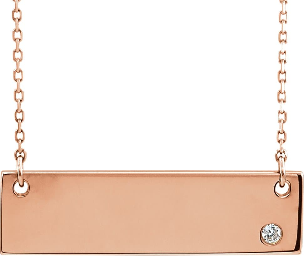 14K Rose .03 CT Natural Diamond Engravable Bar 17 Necklace
