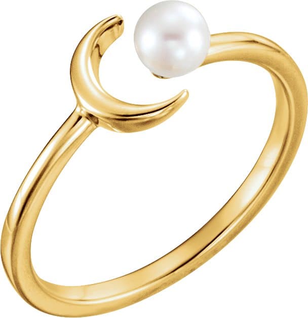 14K Rose Cultured White Freshwater Pearl Crescent Moon Ring