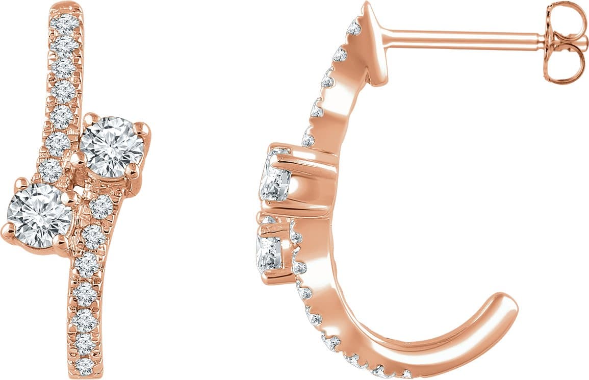 14K Rose 5/8 CTW Natural Diamond Two-Stone J-Hoop Earrings