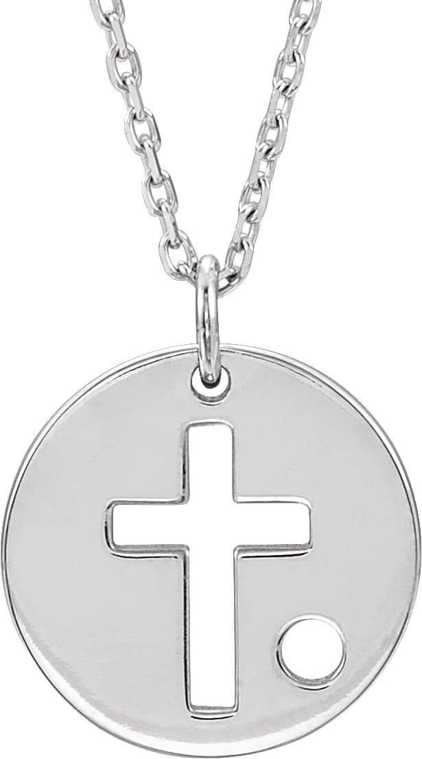 14K White Gold .03 CT Natural Diamond Pierced Cross Disc 16-18" Necklace