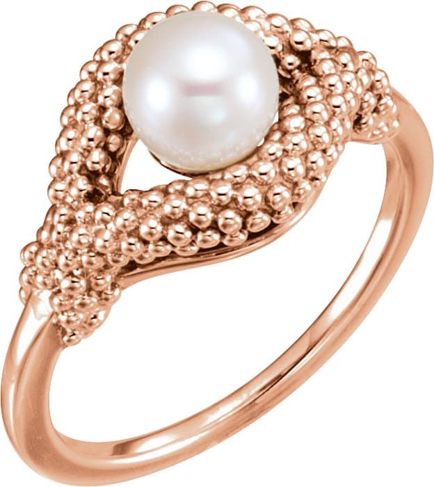 14K Rose Cultured White Freshwater Pearl Beaded Ring