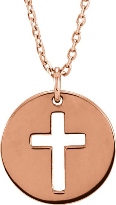 14K Rose Pierced Cross Disc 16-18 Necklace
