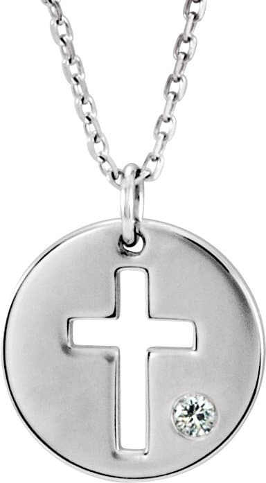 14K White Gold .03 CT Natural Diamond Pierced Cross Disc 16-18" Necklace