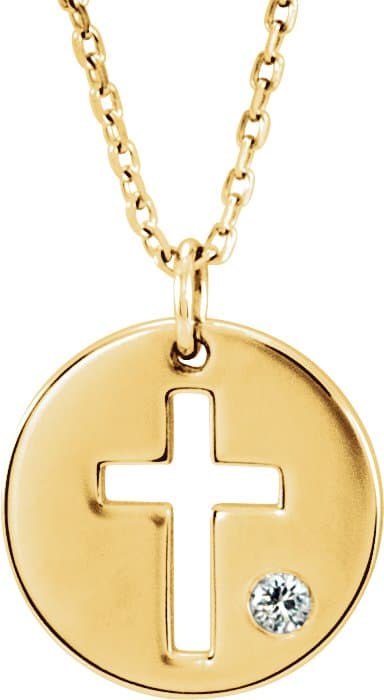 14K White .03 CT Natural Diamond Pierced Cross Disc 16-18" Necklace