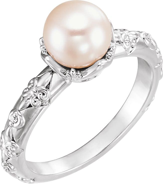 14K Rose Cultured White Freshwater Pearl & .02 CTW Natural Diamond Ring