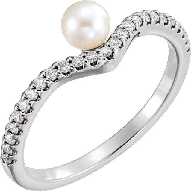 14K Rose Cultured White Freshwater Cultured Pearl & 1/6 CTW Natural Diamond V Ring