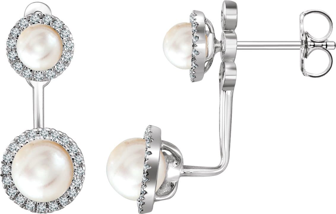 14K Rose Cultured White Freshwater Pearl & 1/5 CTW Natural Diamond Halo-Style Earrings