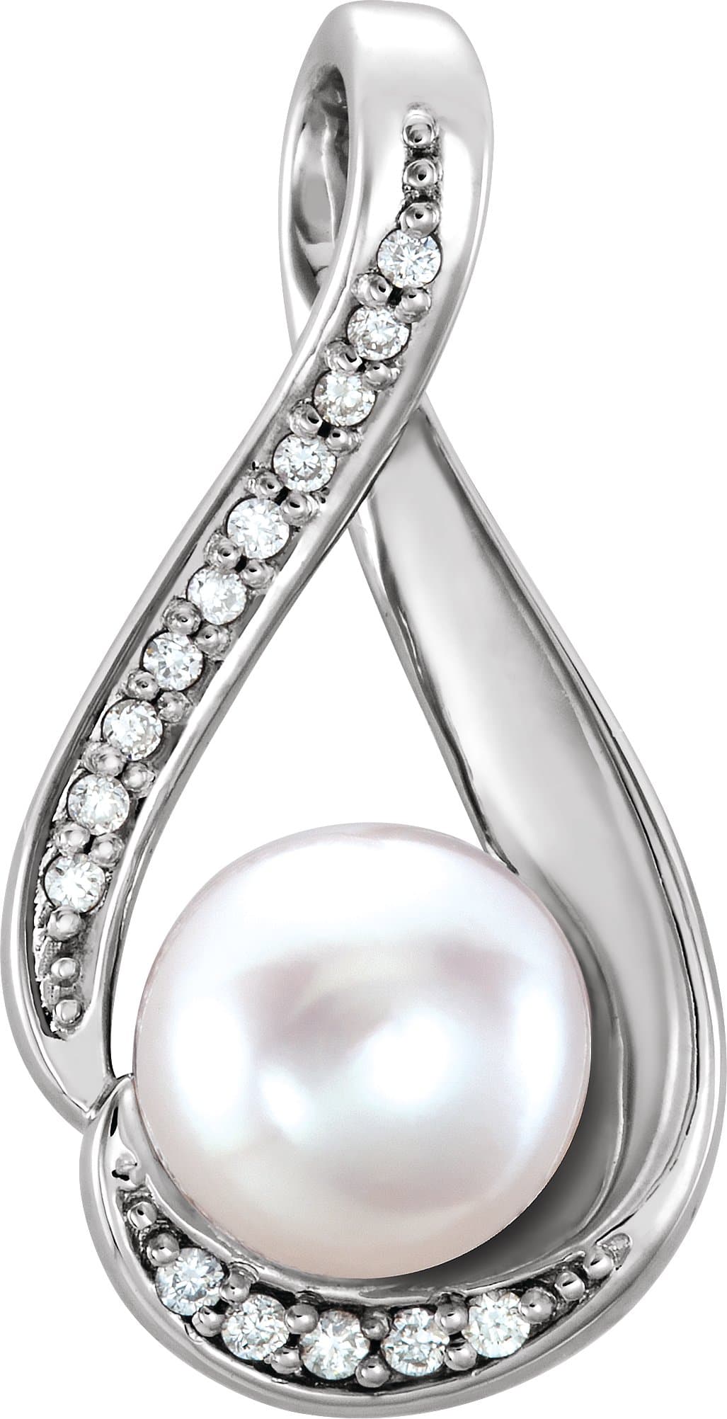 14K White Cultured White Freshwater Pearl & .03 CTW Natural Diamond Pendant