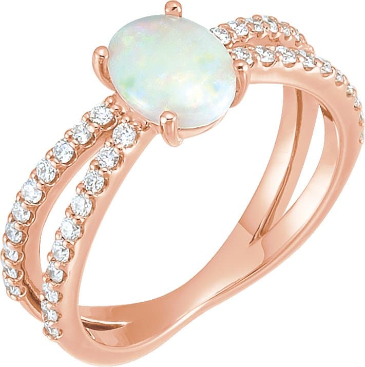 14K Rose Natural White Opal & 1/3 CTW Natural Diamond Ring