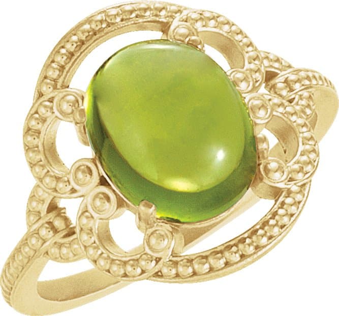 14K White Natural Peridot Cabochon Ring