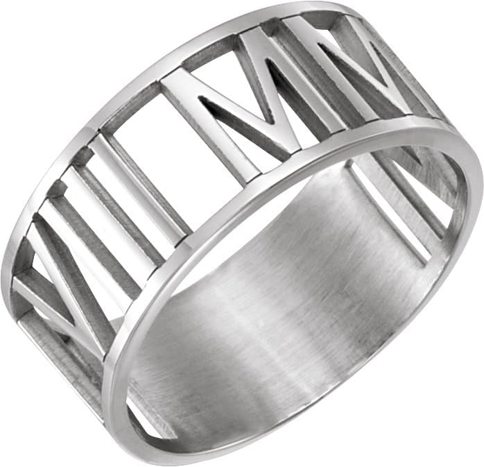 10K White Gold Pierced Roman Numeral Date Ring