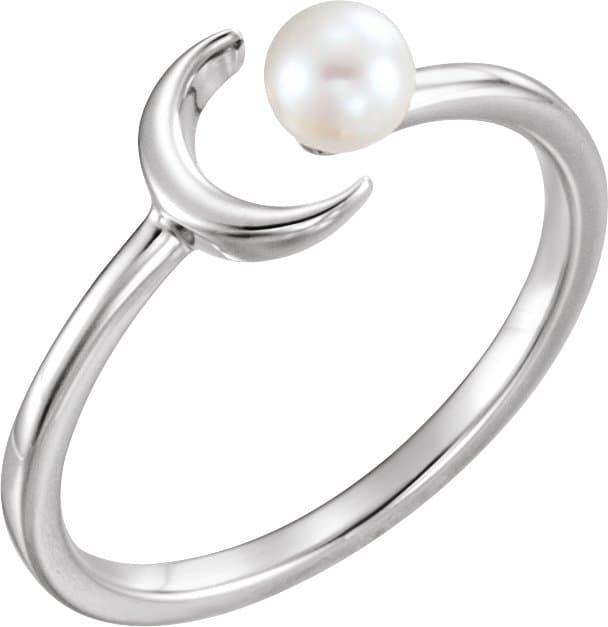 14K Rose Cultured White Freshwater Pearl Crescent Moon Ring
