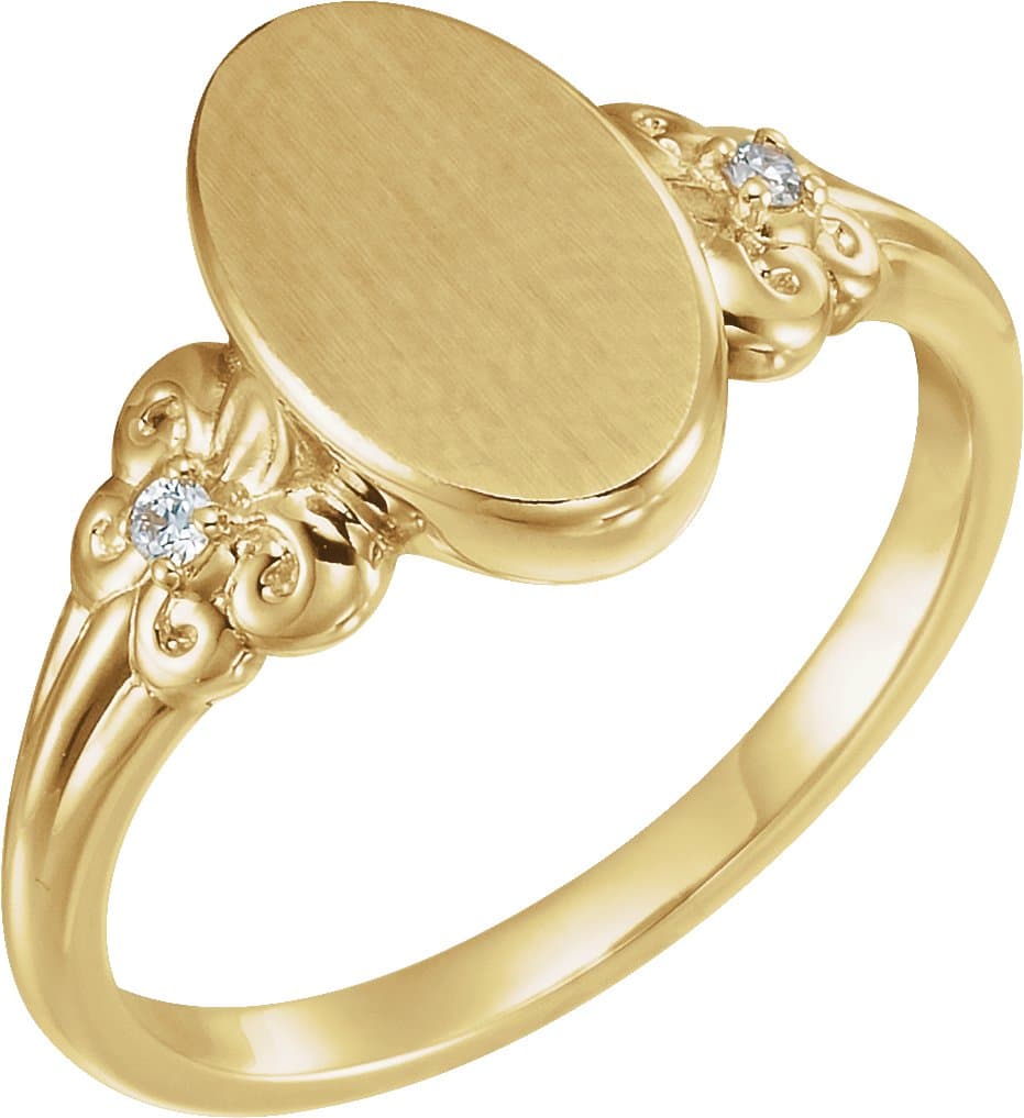 14K Rose .03 CTW Diamond 12x8 mm Oval Fleur-de-lis Signet Ring