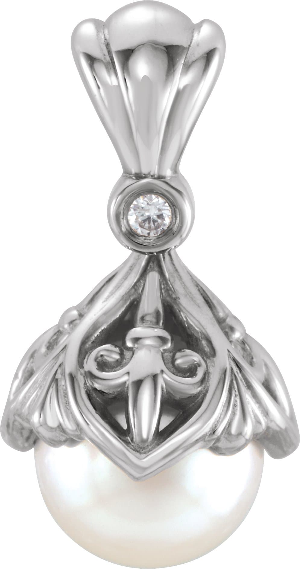 14K White Cultured Freshwater Pearl & .02 CTW Natural Diamond Fleur-de-lis Pendant