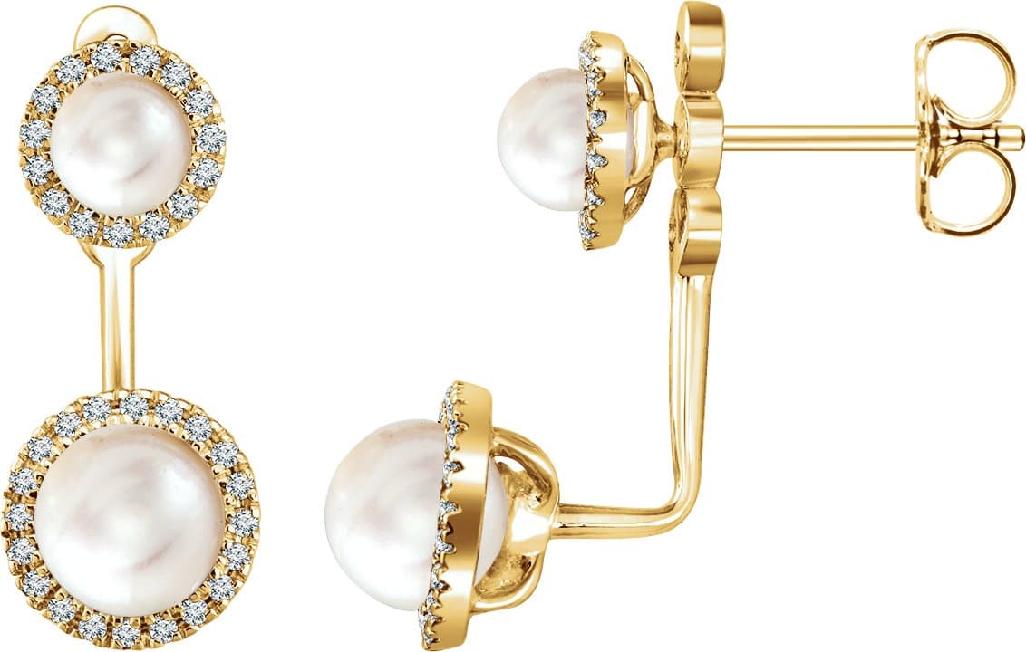 14K Rose Cultured White Freshwater Pearl & 1/5 CTW Natural Diamond Halo-Style Earrings