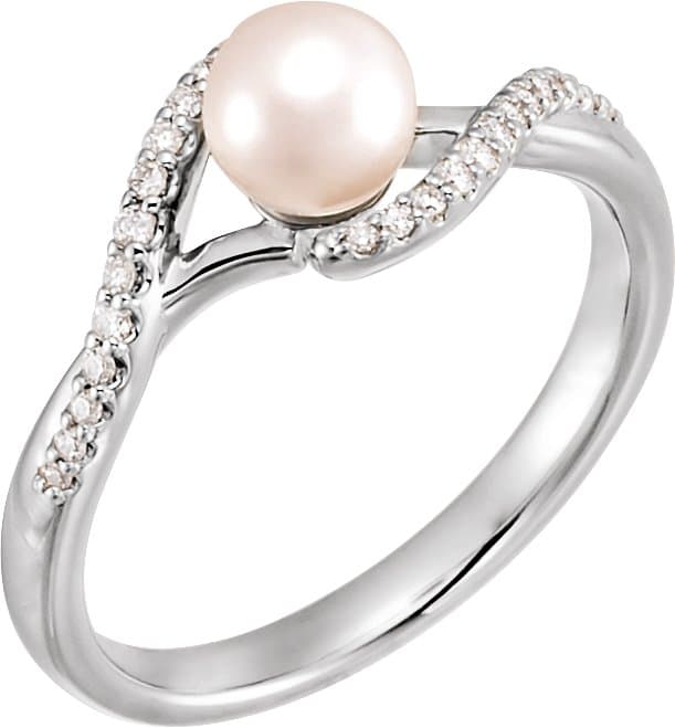 14K Rose Cultured White Freshwater Pearl & 1/10 CTW Natural Diamond Ring