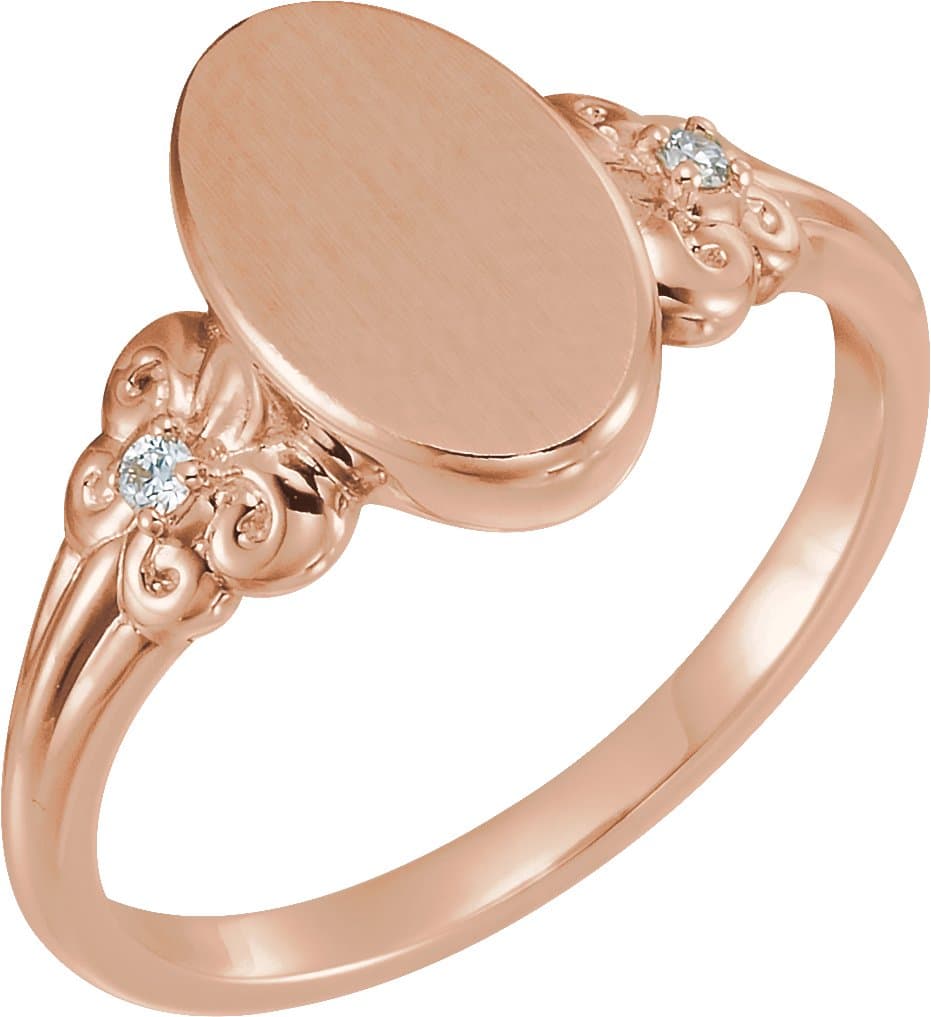 14K Rose .03 CTW Diamond 12x8 mm Oval Fleur-de-lis Signet Ring