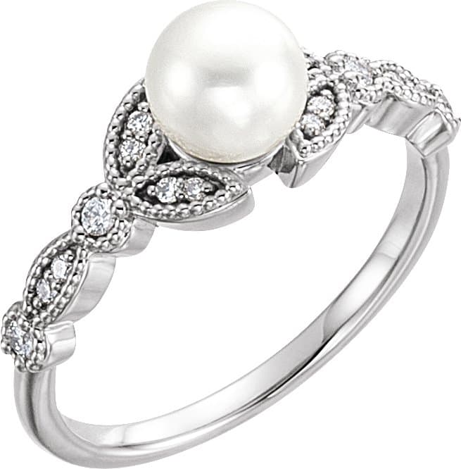 14K Rose Cultured White Freshwater Pearl & 1/10 CTW Natural Diamond Leaf Ring