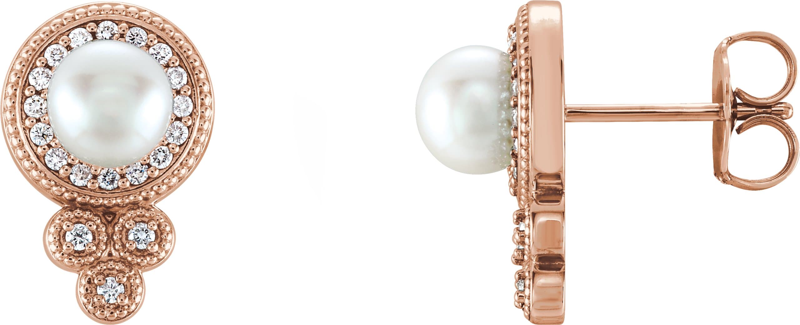14K Rose Cultured White Freshwater Pearl & 1/5 CTW Natural Diamond Earrings