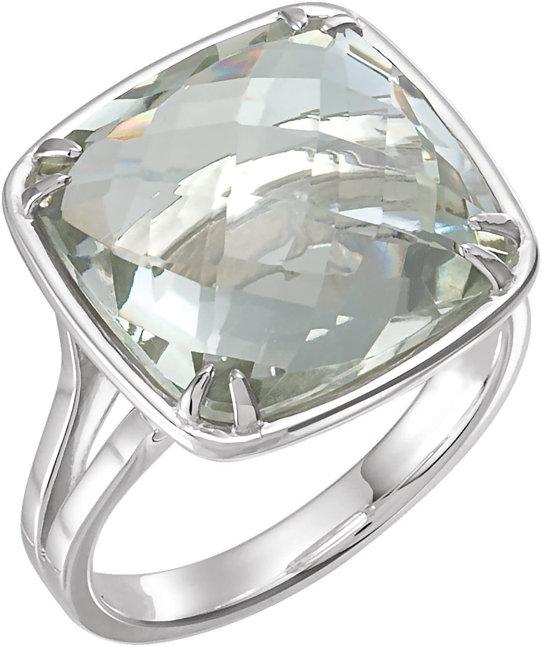 Sterling Silver Double-Sided  Checkerboard Natural Green Quartz Ring
