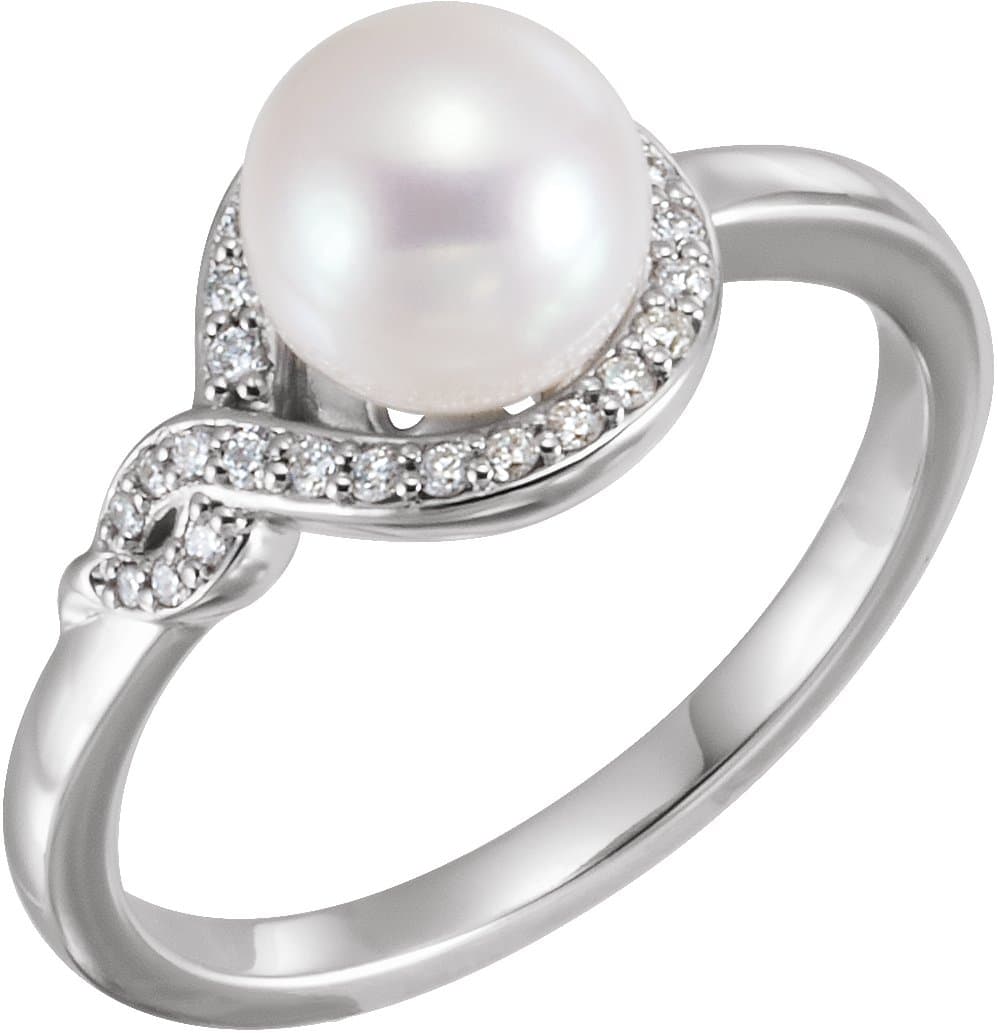14K Rose Cultured White Freshwater Pearl & 1/8 CTW Natural Diamond Bypass Ring